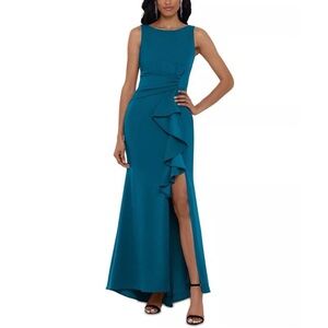 "CHRISTINE" SCUBA CREPE RUFFLED BOW GOWN